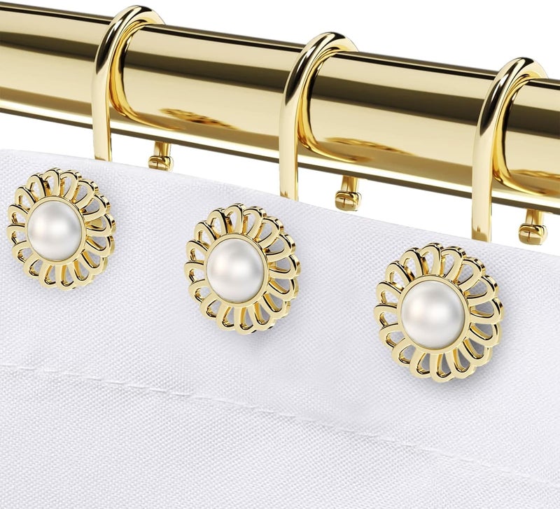 iToplin Gold Shower Curtain Hooks Rings, Decorative Shower Curtain Hangers, Heavy Duty Metal Shower Rings, Sunflower Shower Hooks for Shower Curtain Rod and Liner, Bathroom Curtain Hooks, Luxury Gold, - Image 1